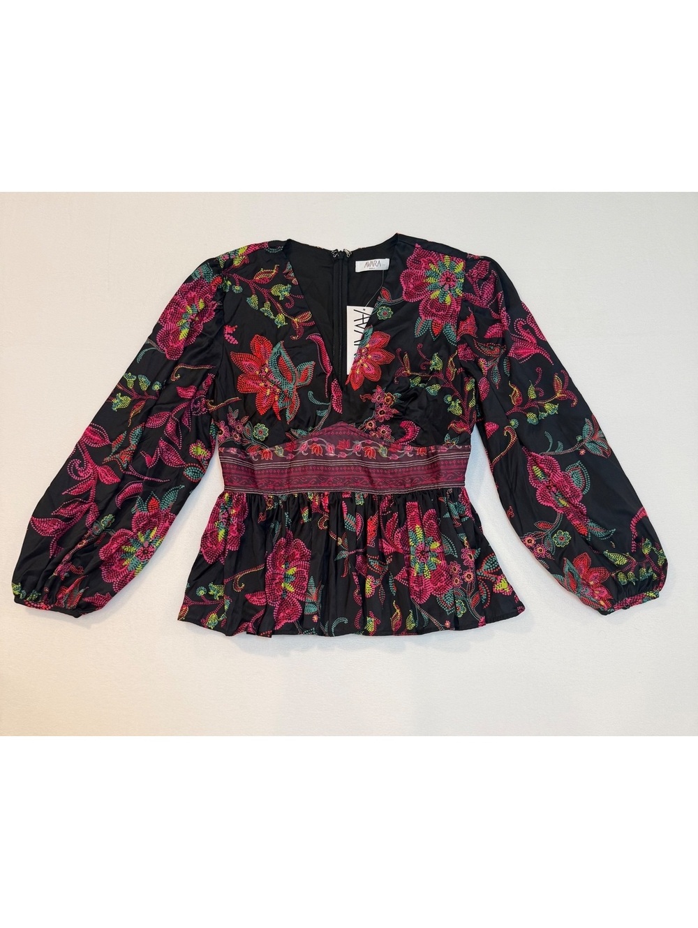 Avara Small Floral Print Peplum Blouse with Long Sleeves